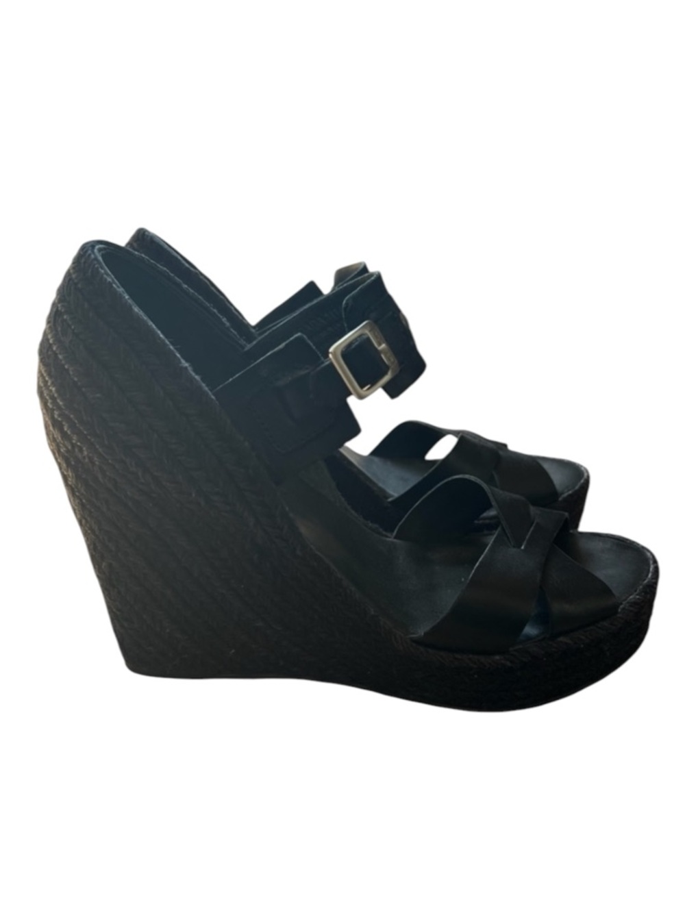 HUNTER Anegada Leather Wedge Espadrille Sandals - Black -Women Size 6